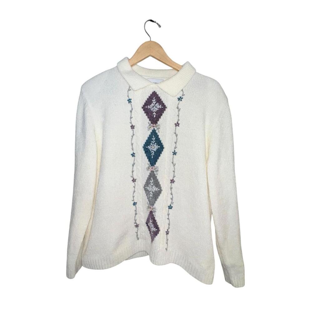 Vintage 1990s Alfred Dunner Cream Knit Collared Grannycore Sweater Women L